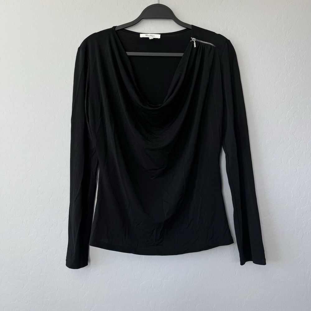 Max Mara Large Black Silver Zippered Shoulder Cowl Neck Long Sleeve Blouse Top‎